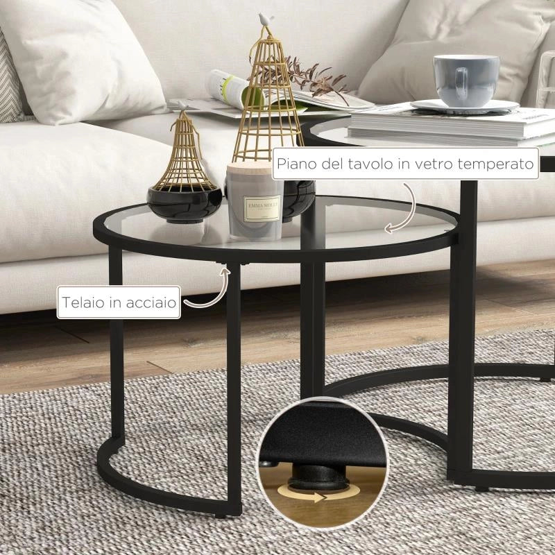 SET 2 TAVOLINI DA CAFFÞ SOVRAPPONIBILI IN VETRO E ACCIAIO, Ï70X47.5 CM E Ï54 X 42.5 CM, NERO