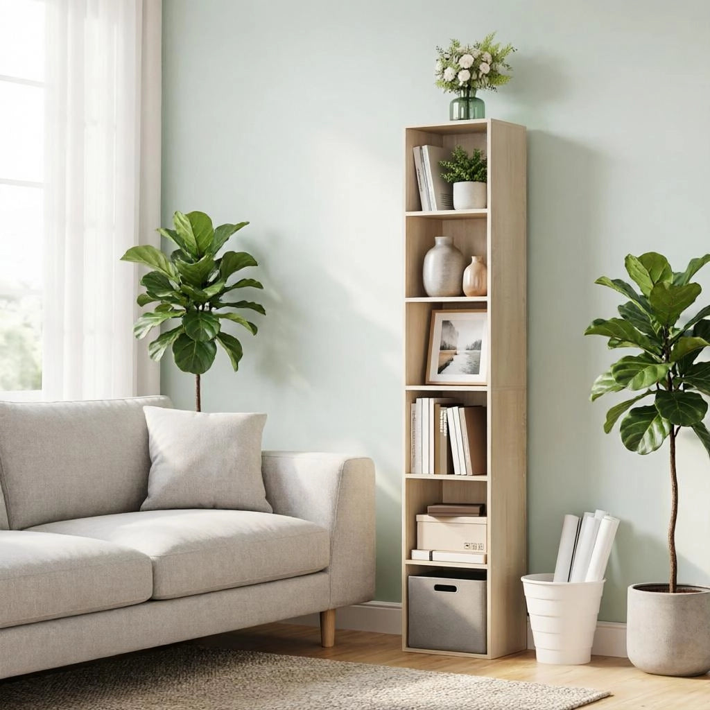 Libreria alta a cubi in truciolare e MDF effetto rovere, 6 scomparti, con dispositivo anti-ribaltamento
