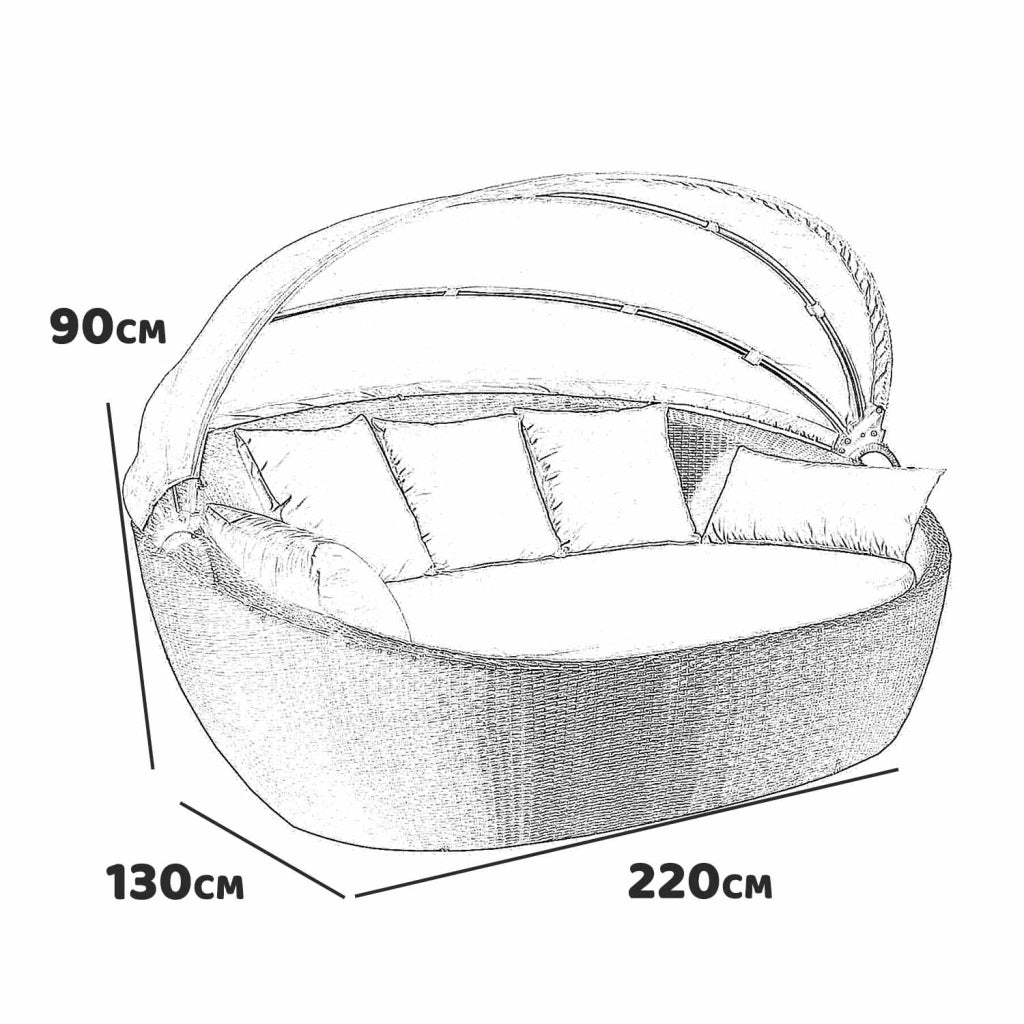 Guscio - Divano prendisole di design in alluminio e polyrattan con tettuccio parasole. Divano da giardino 3 posti lettino matrimoniale completo di cuscini.