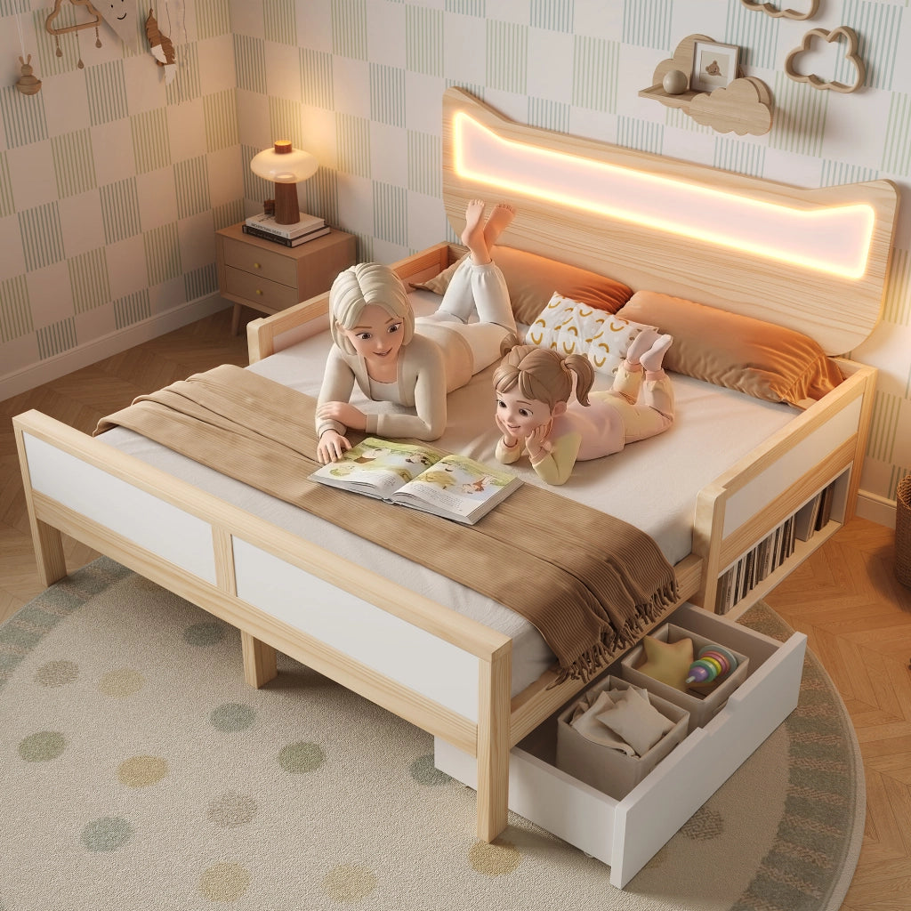 LETTO Bambini 140x200 cm Testiera gatto RGB LED Bianco e Rovere