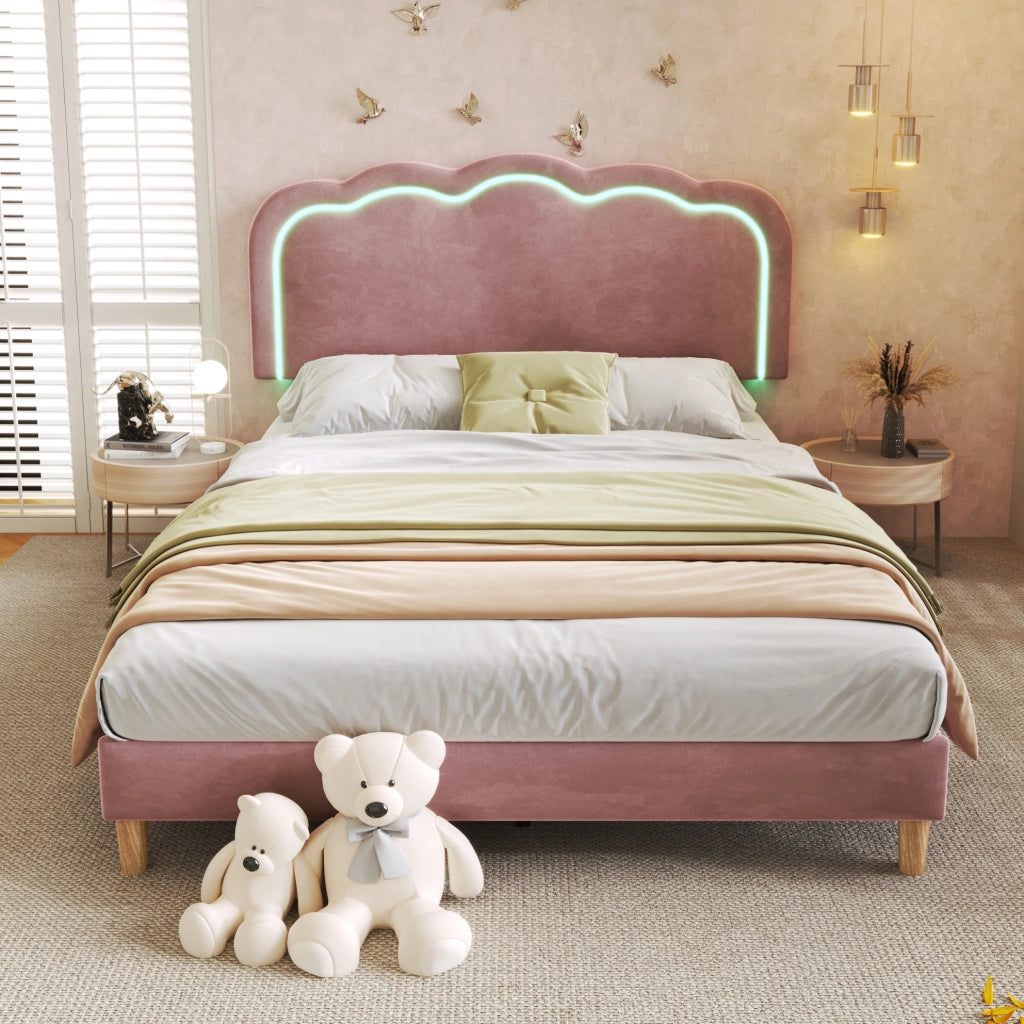 Letto 140 x 200 cm con LED e testiera regolabile in velluto rosa