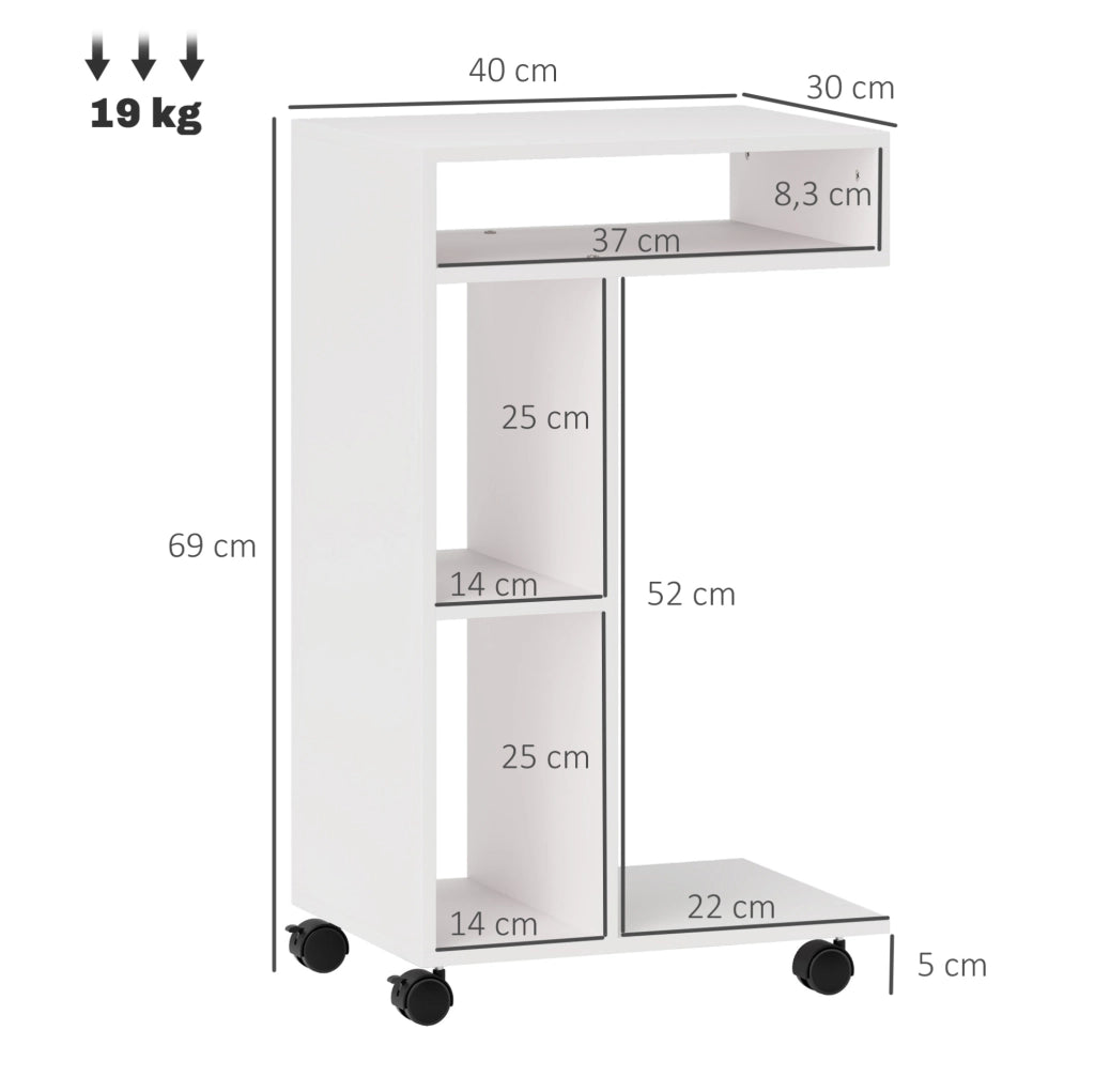 Tavolino laterale a C con 4 ruote e 3 scomparti; 40 x 30 x 69 cm; bianco