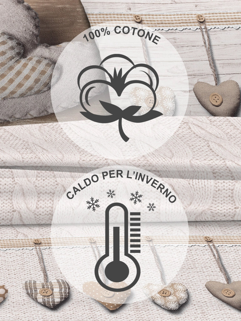 Completo Letto in Flanella Calda e Morbida Anti Pilling - Set Flanellato 3 Misure parure con Federe - Cuori beige - 2 Piazze
