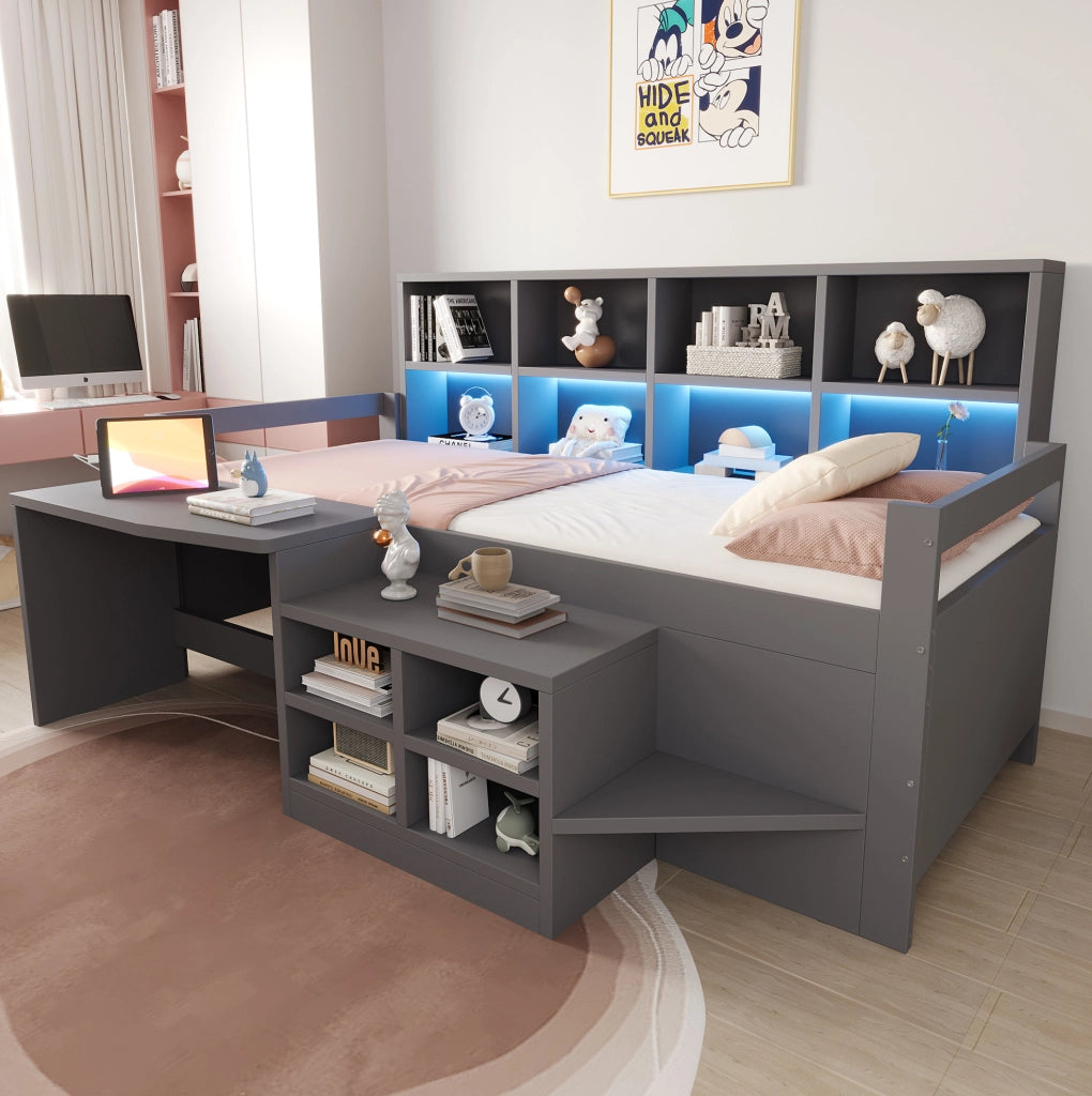 Letto a soppalco 90x200 cm con scrivania; vani portaoggetti e LED in legno e legno sintetico grigio