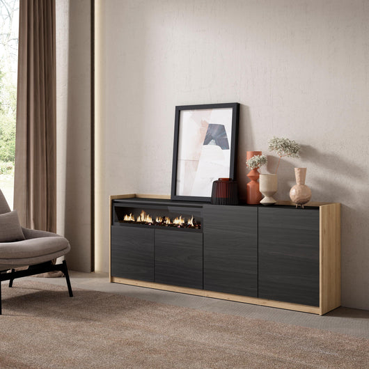 Credenza, Mobile, Cucina, 207x80x37 cm, 4 Porte, Camino elettrico, Nero e rovere RF3892