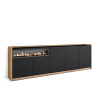 Credenza, Mobile, Cucina, 260x80x37 cm, 5 Porte, Camino elettrico, Nero e rovere RF3875
