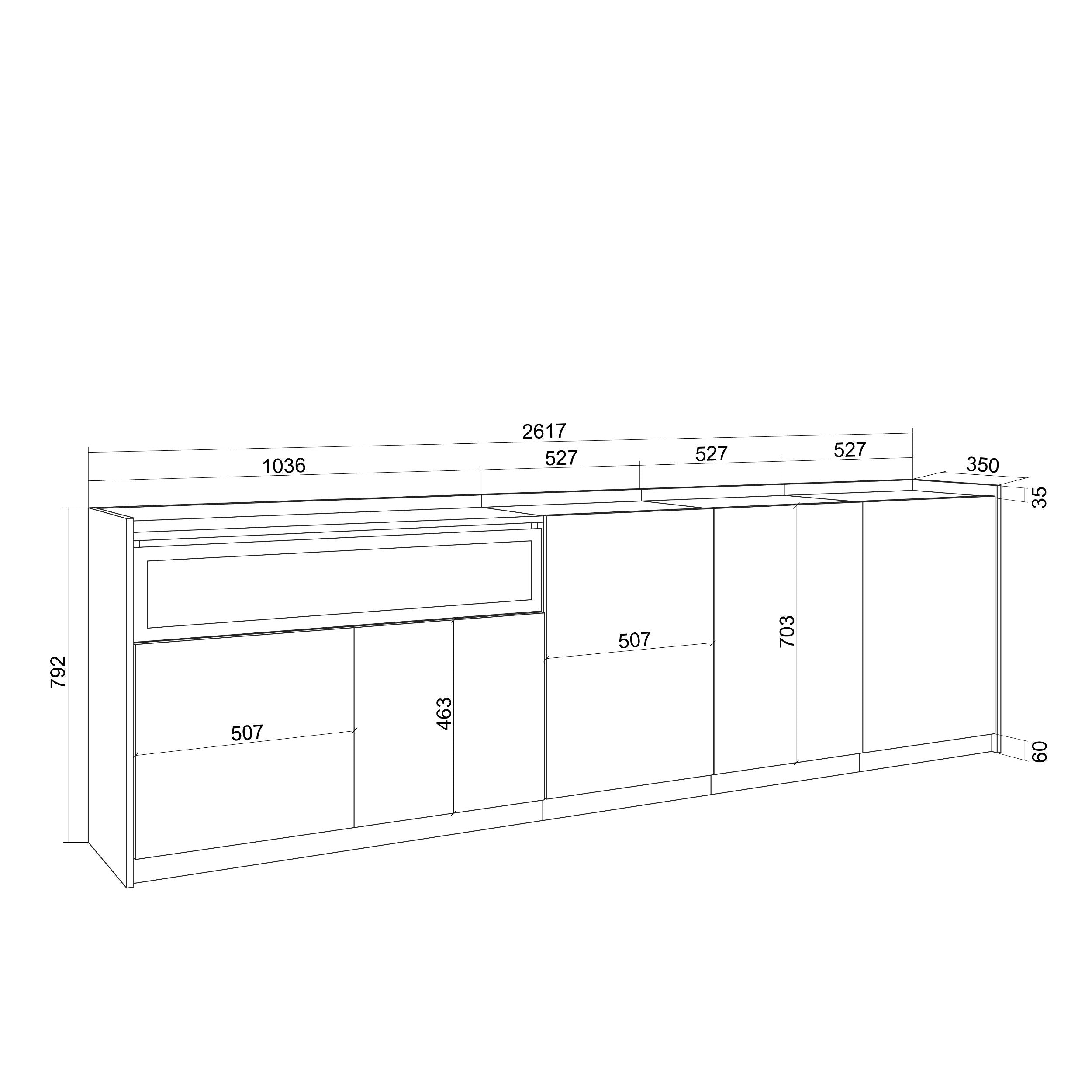 Credenza, Mobile, Cucina, 260x80x37 cm, 5 Porte, Camino elettrico, Nero e rovere RF3875