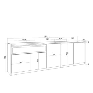 Credenza, Mobile, Cucina, 260x80x37 cm, 5 Porte, Camino elettrico, Nero e rovere RF3875