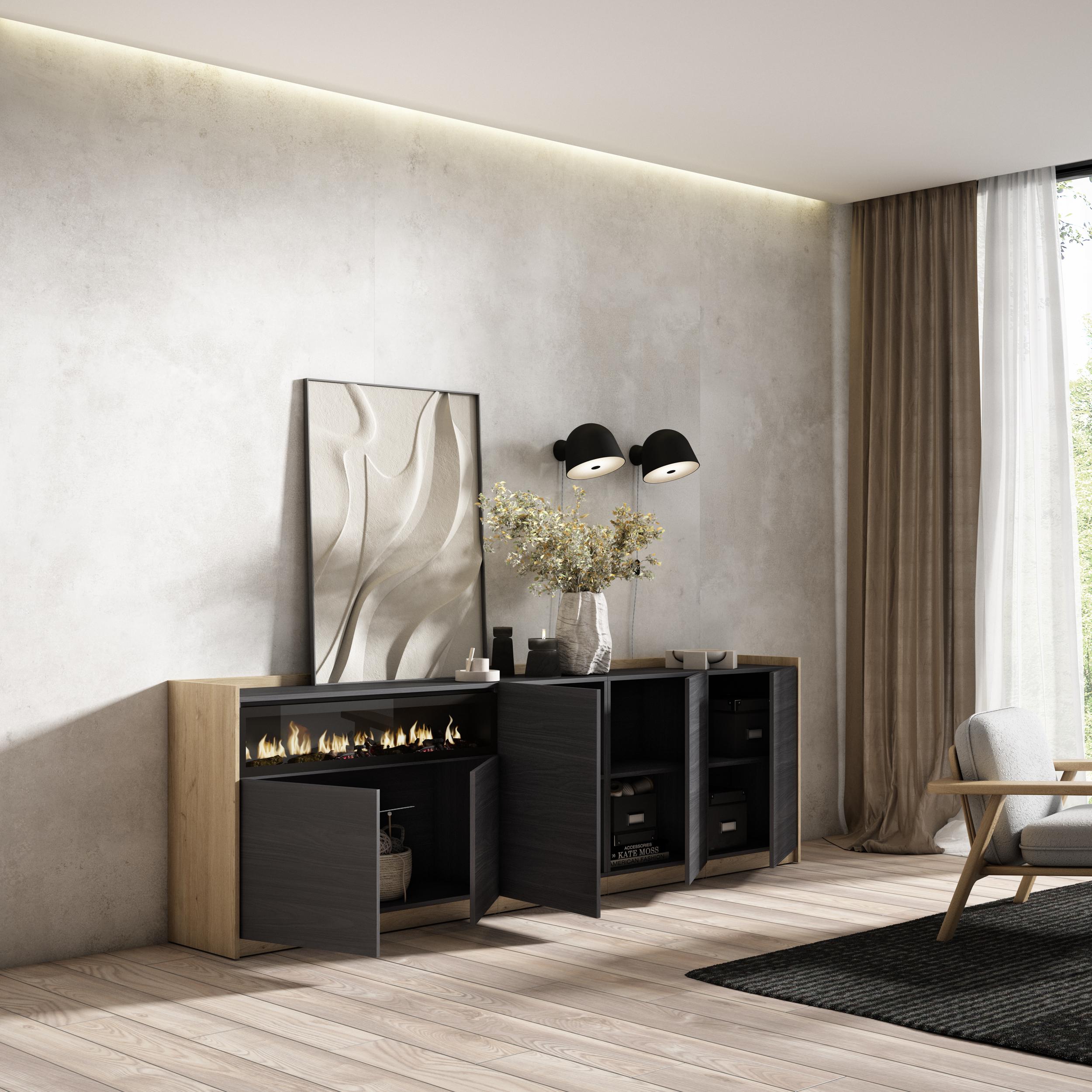 Credenza, Mobile, Cucina, 260x80x37 cm, 5 Porte, Camino elettrico, Nero e rovere RF3875