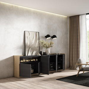 Credenza, Mobile, Cucina, 260x80x37 cm, 5 Porte, Camino elettrico, Nero e rovere RF3875