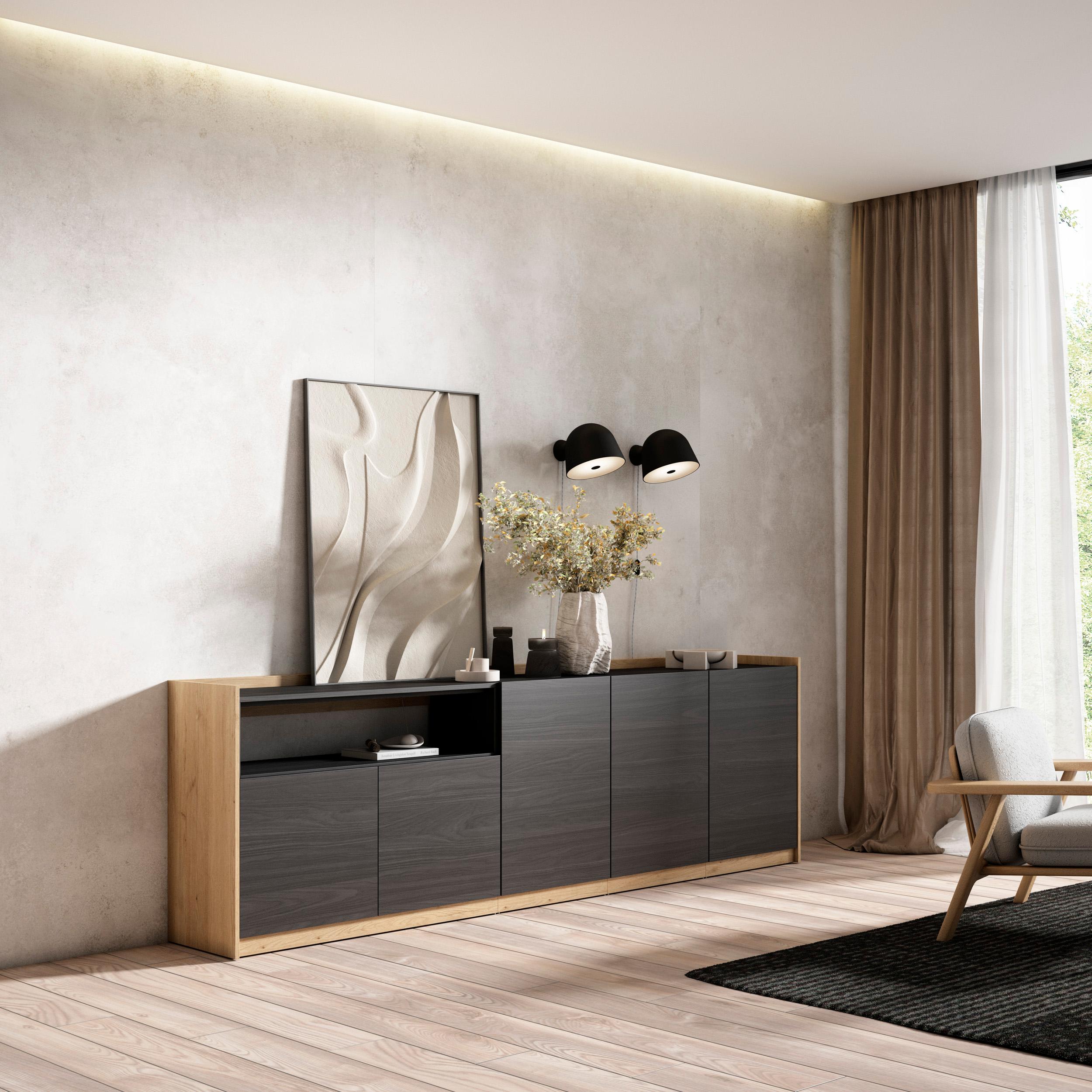 Credenza, Mobile, Cucina, 260x80x37 cm, 5 Porte, grande stoccaggio, Nero e rovere RF3866