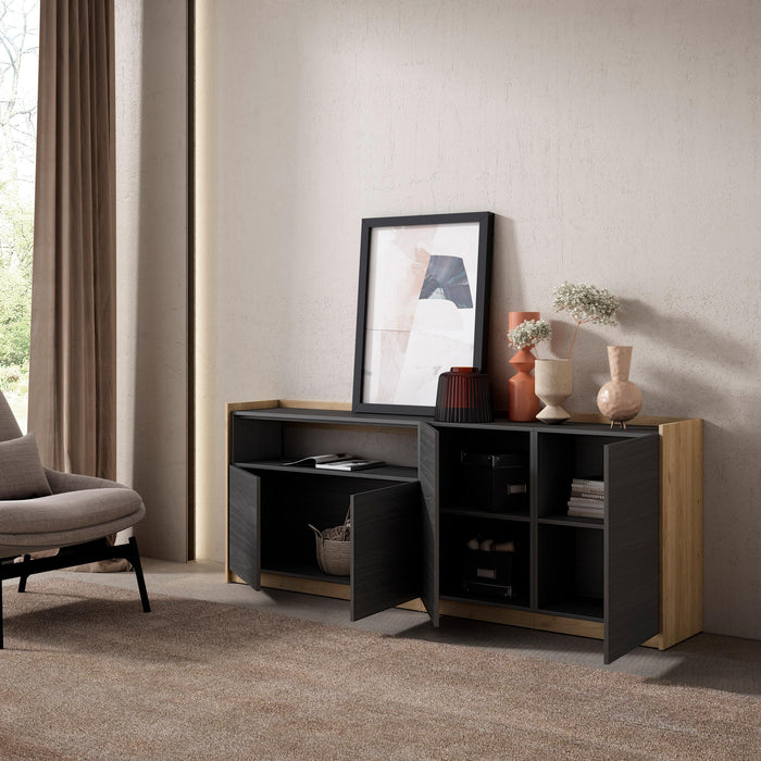 Credenza, Mobile, Cucina, 207x80x37 cm, 4 Porte, grande stoccaggio, Nero e rovere RF3888