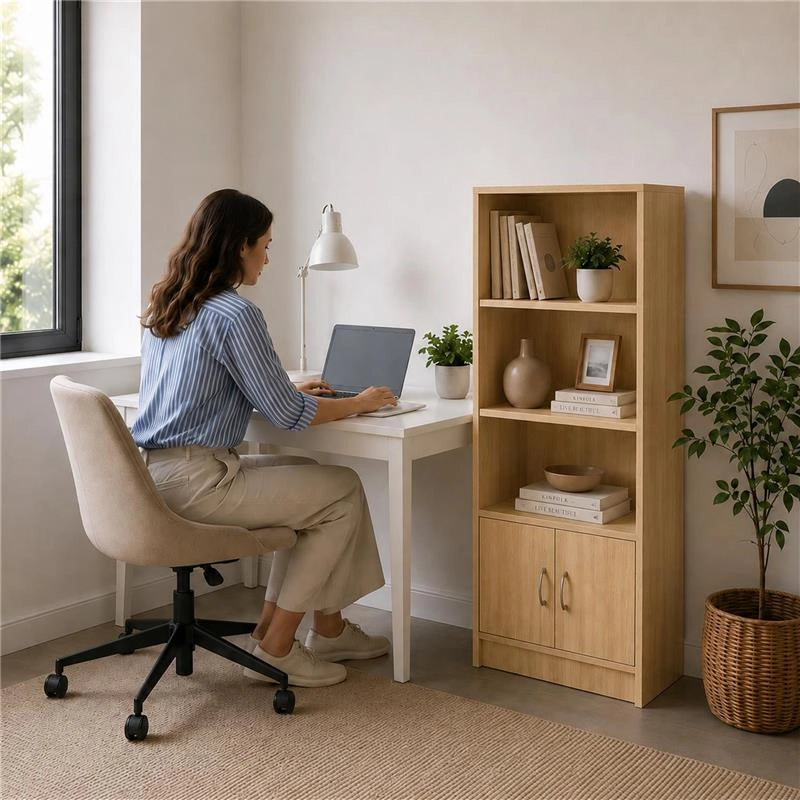 LIBRERIA IN MDF ROVERE CON TRE RIPIANI E DUE ANTE MISURE: 51X24X120CM