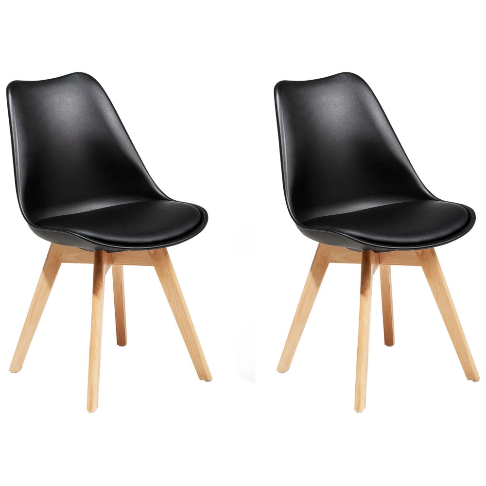Set di 2 Sedie da Pranzo in Ecopelle Nera Gambe in Legno Lucido