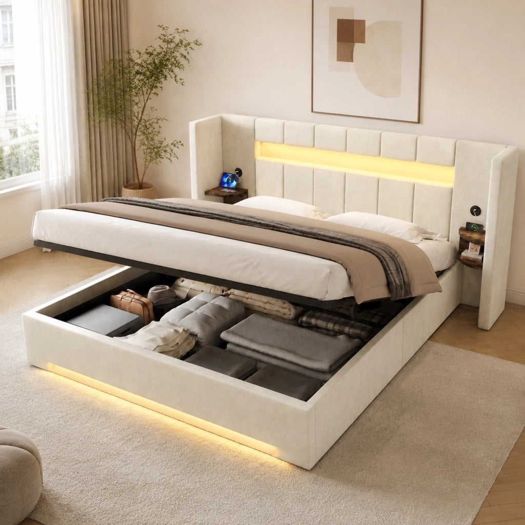 Letto contenitore 180x200 cm in velluto beige con LED e USB