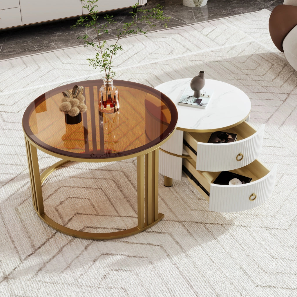 Tavolini da Caffè a Nido Rotondi con 2 Cassetti; Piano Bianco Lucido e Vetro Temperato Marrone; in MDF; Bianco; 70×70×45 + 50×50×40 cm