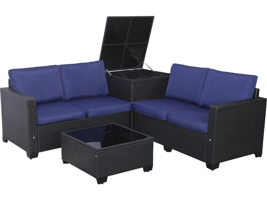 Set di mobili da giardino in resina intrecciata "Riley" con contenitore - 4 posti - Blu scuro