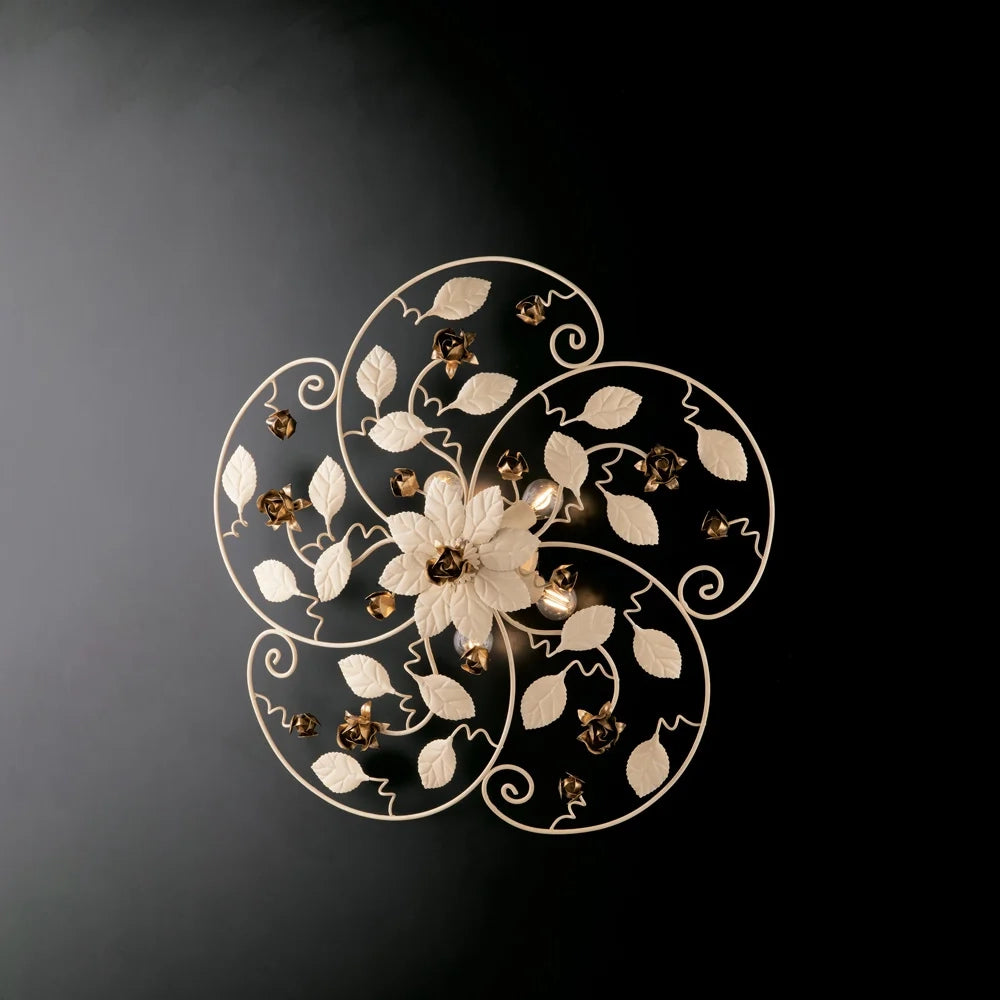 Plafoniera Shabby Chic Bella Metallo Avorio Oro 5 Luci E14