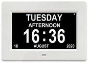 Calendario digitale per persone anziane e con Alzheimer, con visualizzazione data, giorno della settimana e ora (bianco).