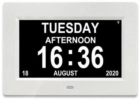 Calendario digitale per persone anziane e con Alzheimer, con visualizzazione data, giorno della settimana e ora (bianco).