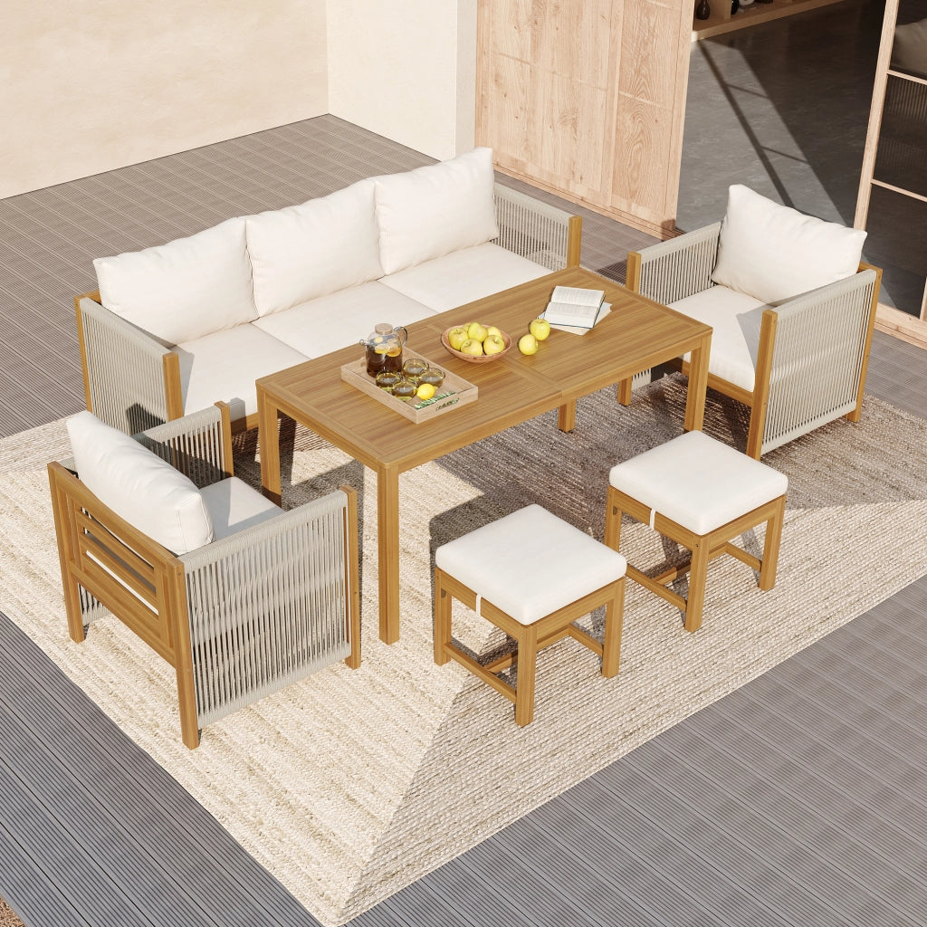 Set pranzo + salotto giardino 6 pezzi: Divanooo 3 posti + 2 poltrone + 2 sgabelli + tavolo; acacia; beige