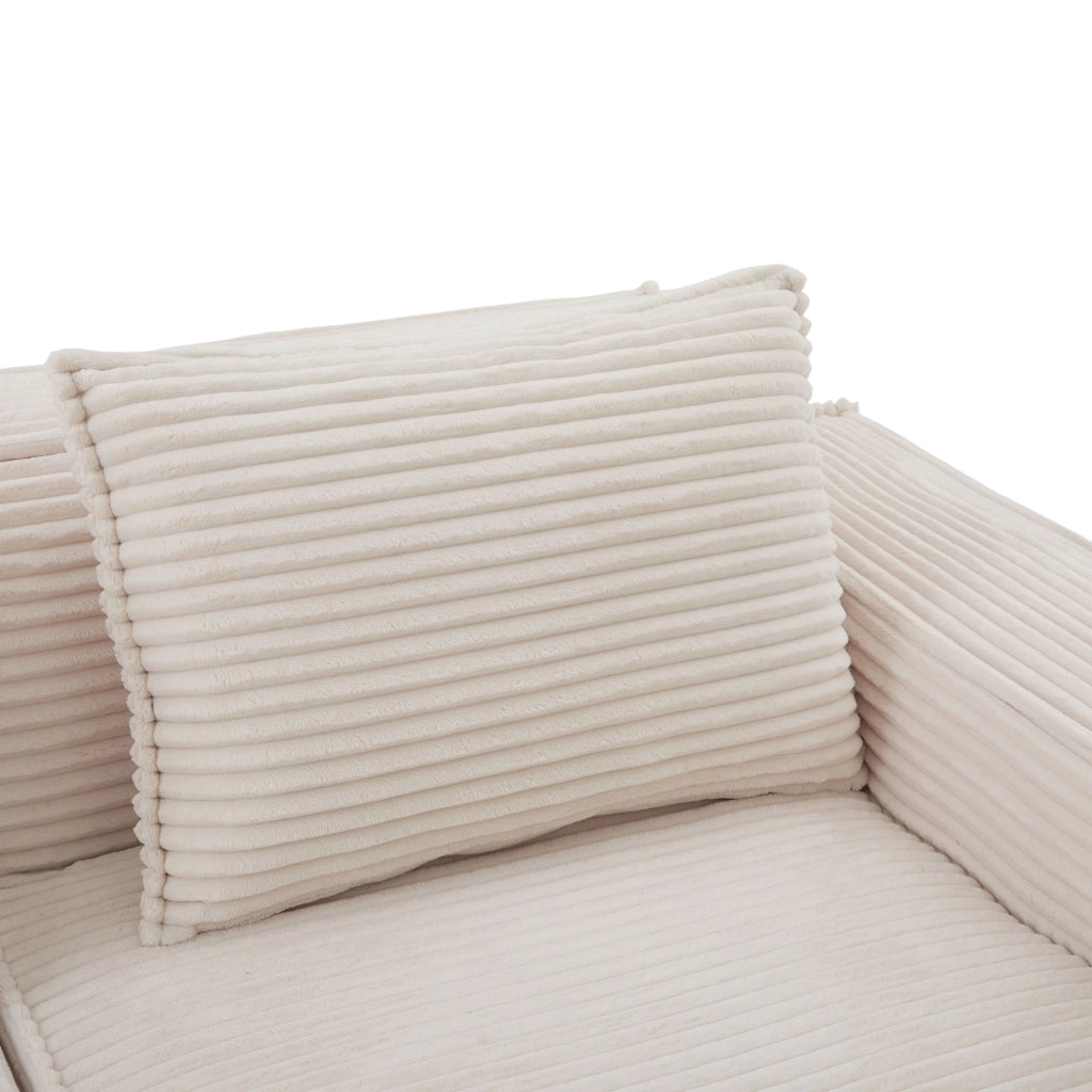 Divano modulare 4 posti con portabicchieri, tasche laterali e cuscini schienale, in tessuto a coste beige