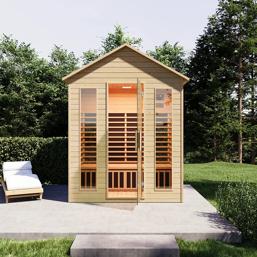 Sauna da esterno infrarossi 120x180 cm H208 da 2 o 4 posti in legno di abete con radio integrata | Pori