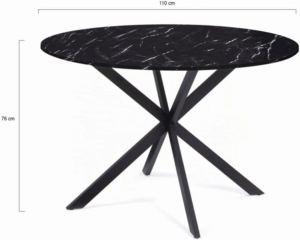 Tavolo da pranzo rotondo per 6 persone ALIX con gamba a ragno nera e piano ALASKA 110 cm effetto marmo nero