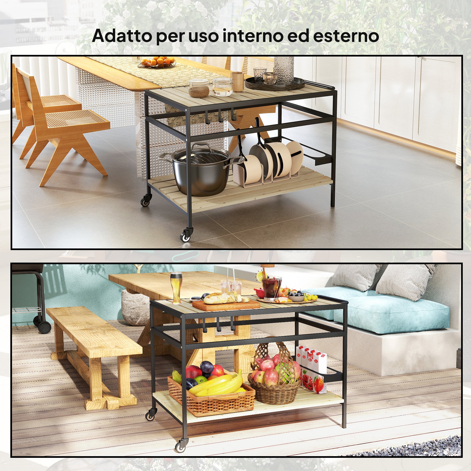 Carrello Portavivande da Giardino 107x65x80 cm Ripiano e Maniglia in Legno a Doghe e Acciaio