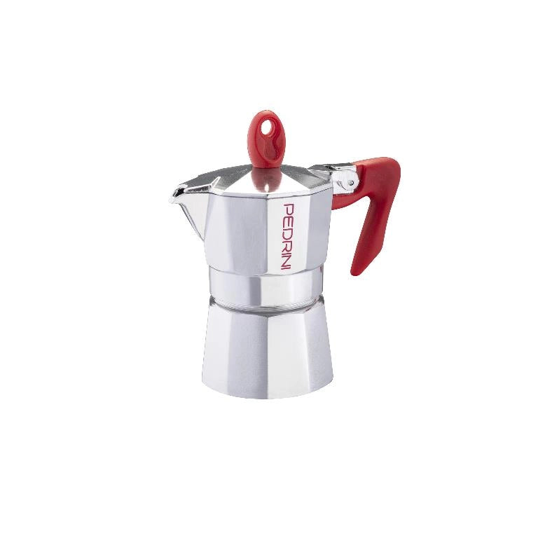 Caffettiera Caffè Moka Brillantata in Alluminio Manico Rosso Mezza Tazza Pedrini