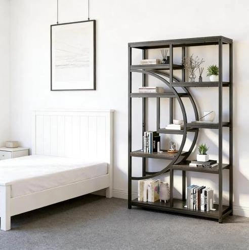Libreria geometrica a 9 ripiani aperti in metallo nero e legno