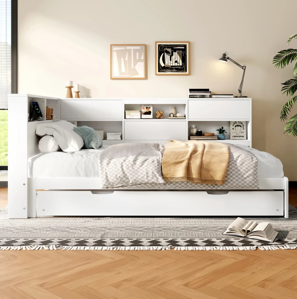 Letto 90x200 cm con testiera contenitore ed estraibile in legno bianco
