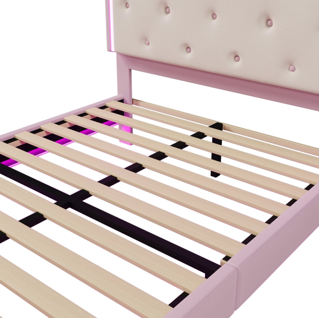 Letto principessa 140x200 cm con luci LED controllabili da app; PU; rosa (Senza materasso)
