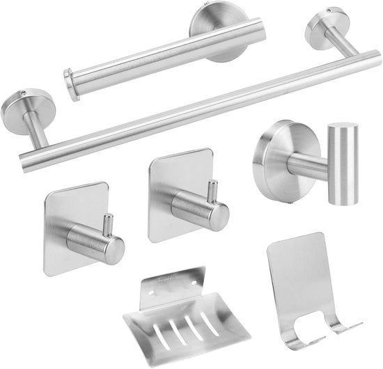 Supporto per asciugamani senza forare 5 IN 1, Supporto per asciugamani RVS fissaggio alla parete adesivo per bagno cucina, Supporto per asciugamani senza forare per asciugamani 40CM (7 IN 1)