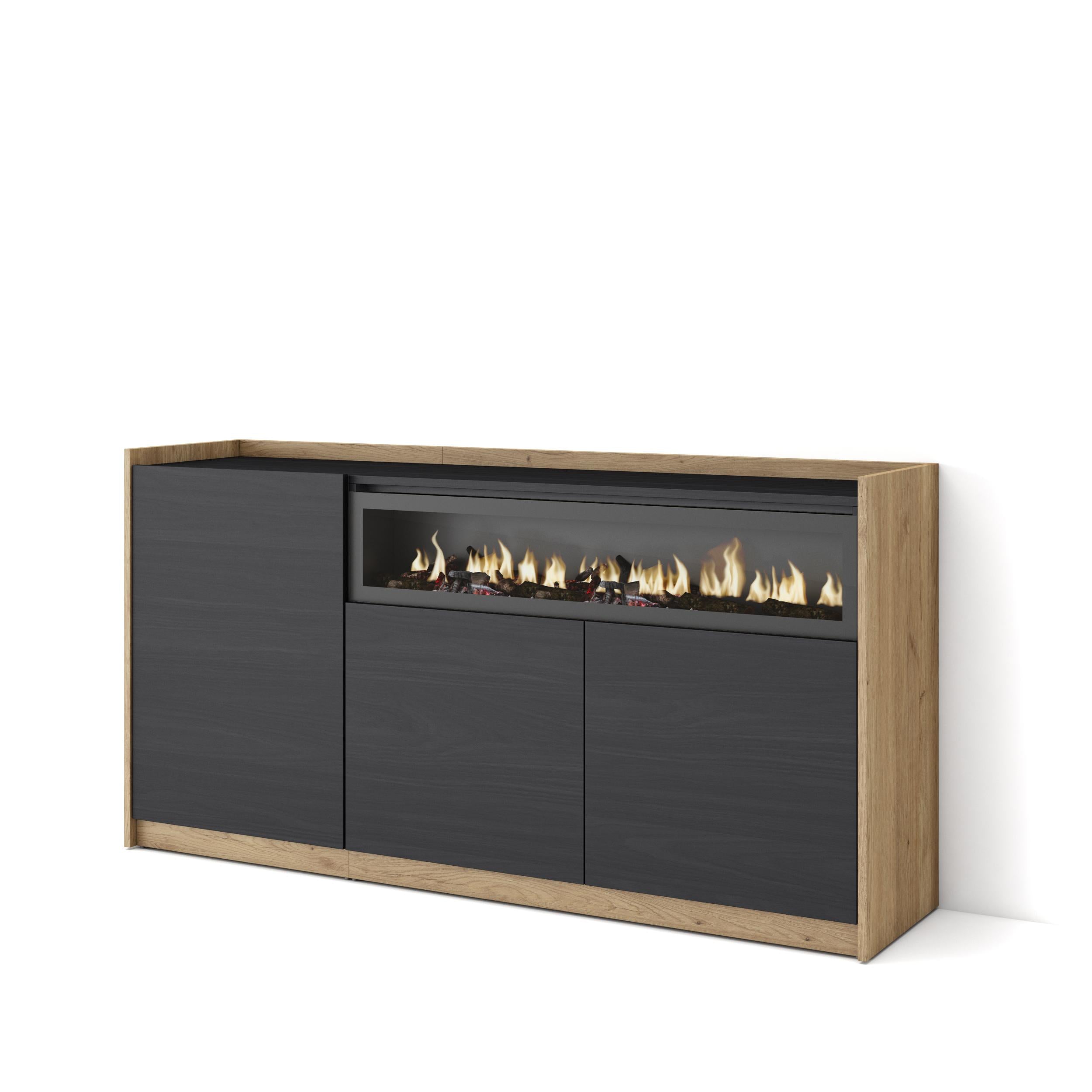 Credenza, Mobile, Cucina, 156x80x37 cm, 3 Porte, Camino elettrico, Nero e rovere RF3997