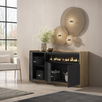 Credenza, Mobile, Cucina, 156x80x37 cm, 3 Porte, Camino elettrico, Nero e rovere RF3997