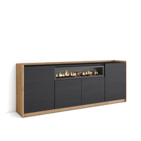 Credenza, Mobile, Cucina, 207x80x37 cm, 4 Porte, Camino elettrico, Nero e rovere RF3891