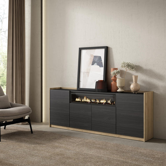 Credenza, Mobile, Cucina, 207x80x37 cm, 4 Porte, Camino elettrico, Nero e rovere RF3891