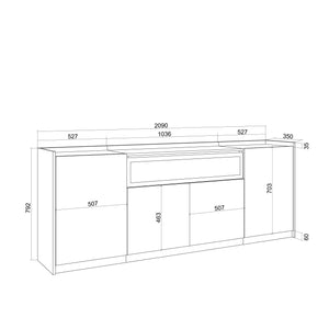 Credenza, Mobile, Cucina, 207x80x37 cm, 4 Porte, Camino elettrico, Nero e rovere RF3891