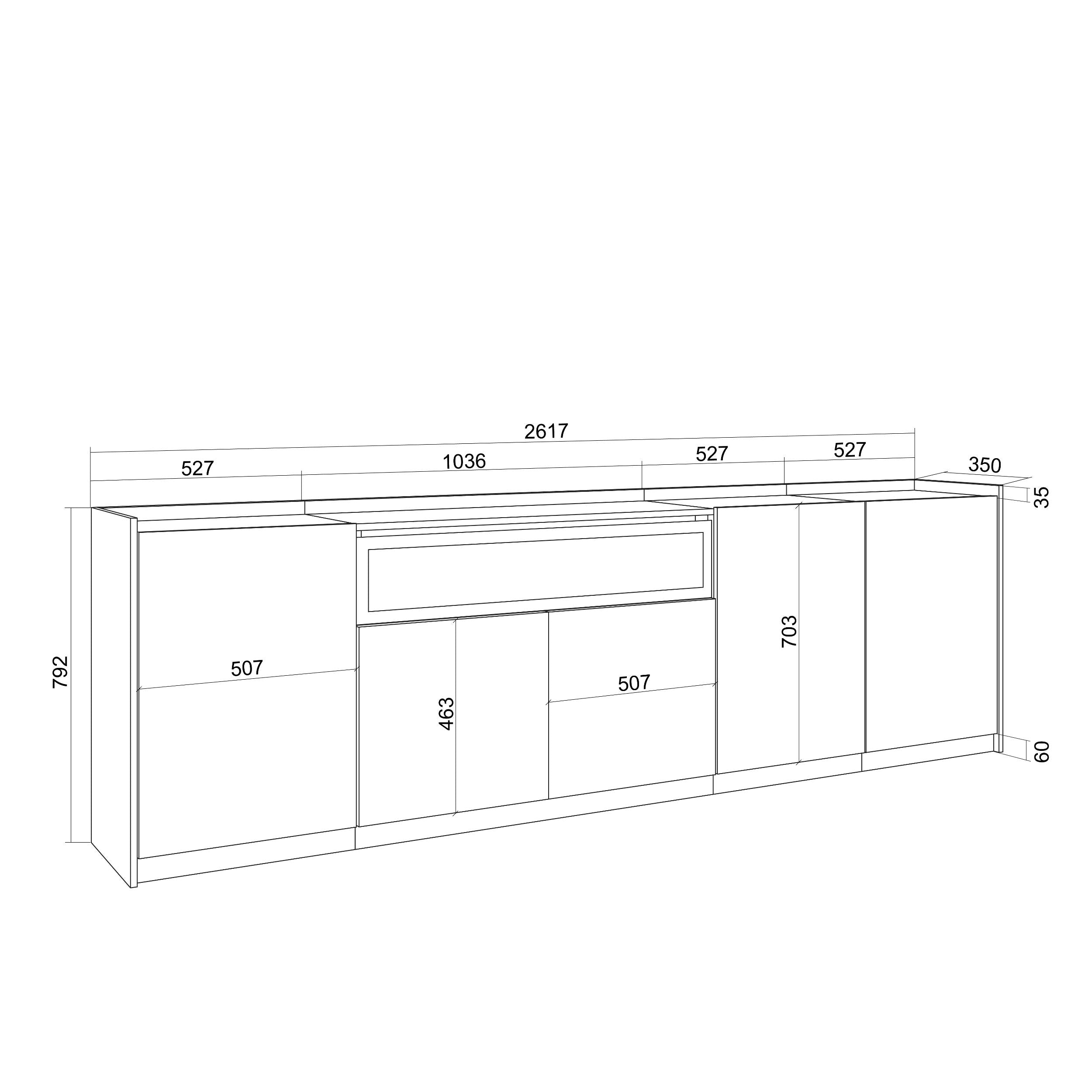 Credenza, Mobile, Cucina, 260x80x37 cm, 5 Porte, Camino elettrico, Nero e rovere RF3876