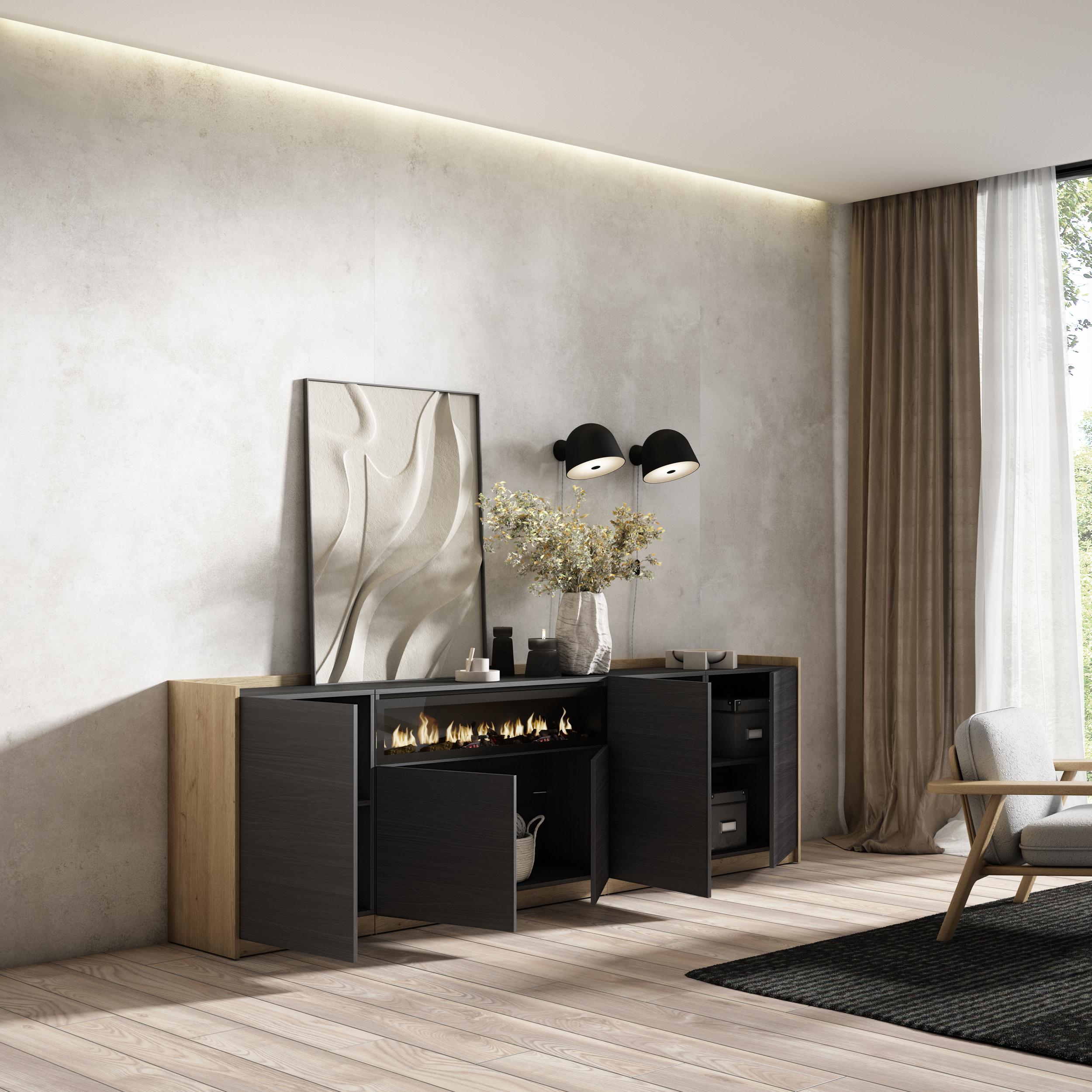 Credenza, Mobile, Cucina, 260x80x37 cm, 5 Porte, Camino elettrico, Nero e rovere RF3876