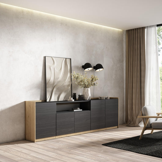 Credenza, Mobile, Cucina, 260x80x37 cm, 5 Porte, grande stoccaggio, Nero e rovere RF3879
