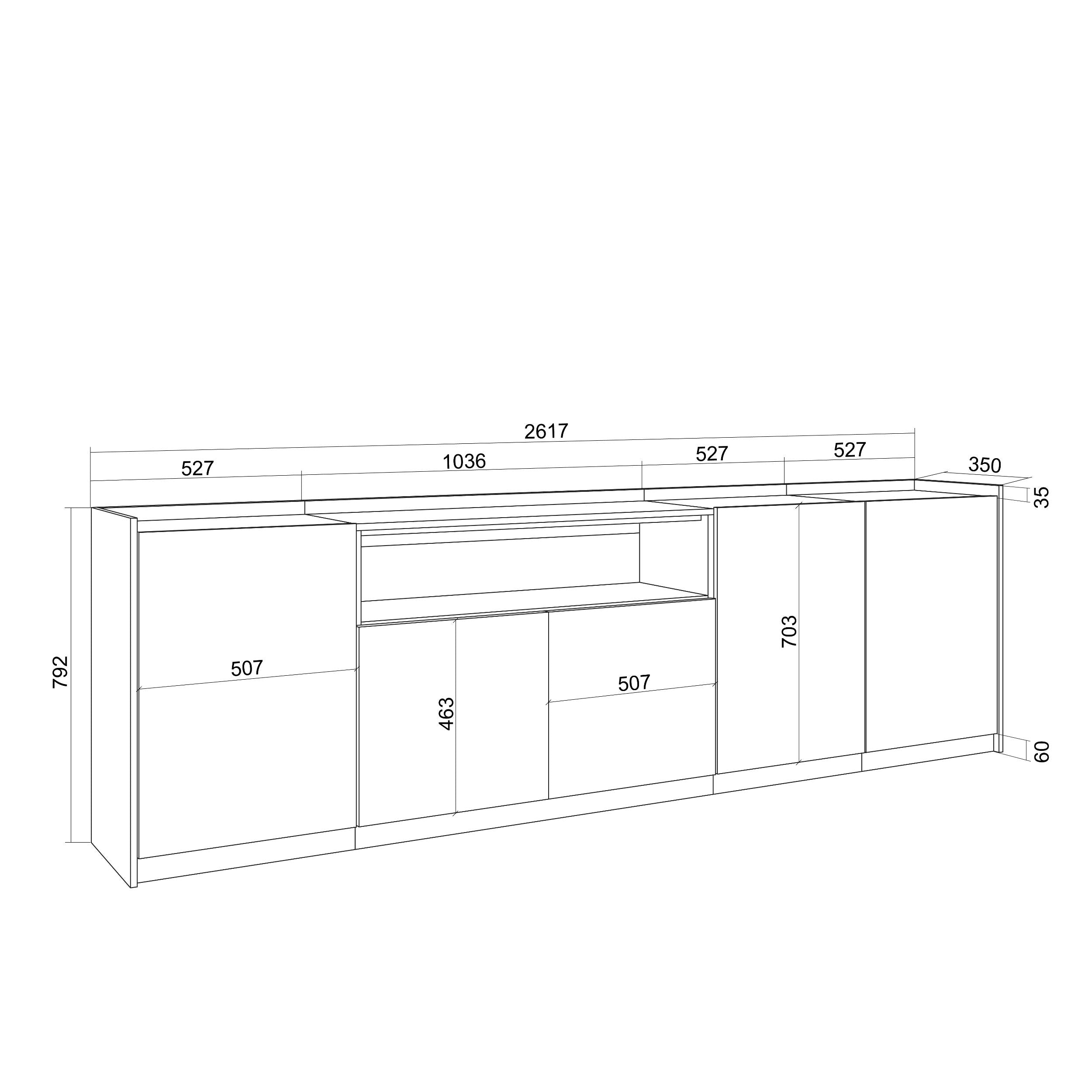 Credenza, Mobile, Cucina, 260x80x37 cm, 5 Porte, grande stoccaggio, Nero e rovere RF3879