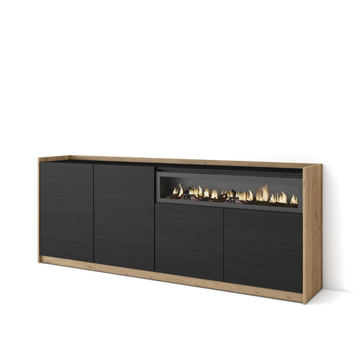 Credenza, Mobile, Cucina, 207x80x37 cm, 4 Porte, Camino elettrico, Nero e rovere RF3893