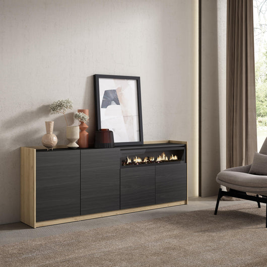 Credenza, Mobile, Cucina, 207x80x37 cm, 4 Porte, Camino elettrico, Nero e rovere RF3893