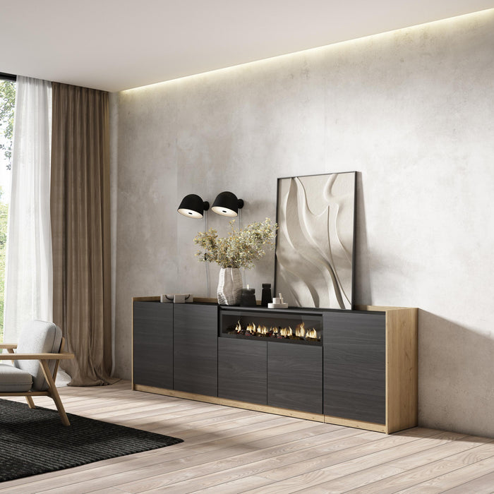 Credenza, Mobile, Cucina, 260x80x37 cm, 5 Porte, Camino elettrico, Nero e rovere RF3877