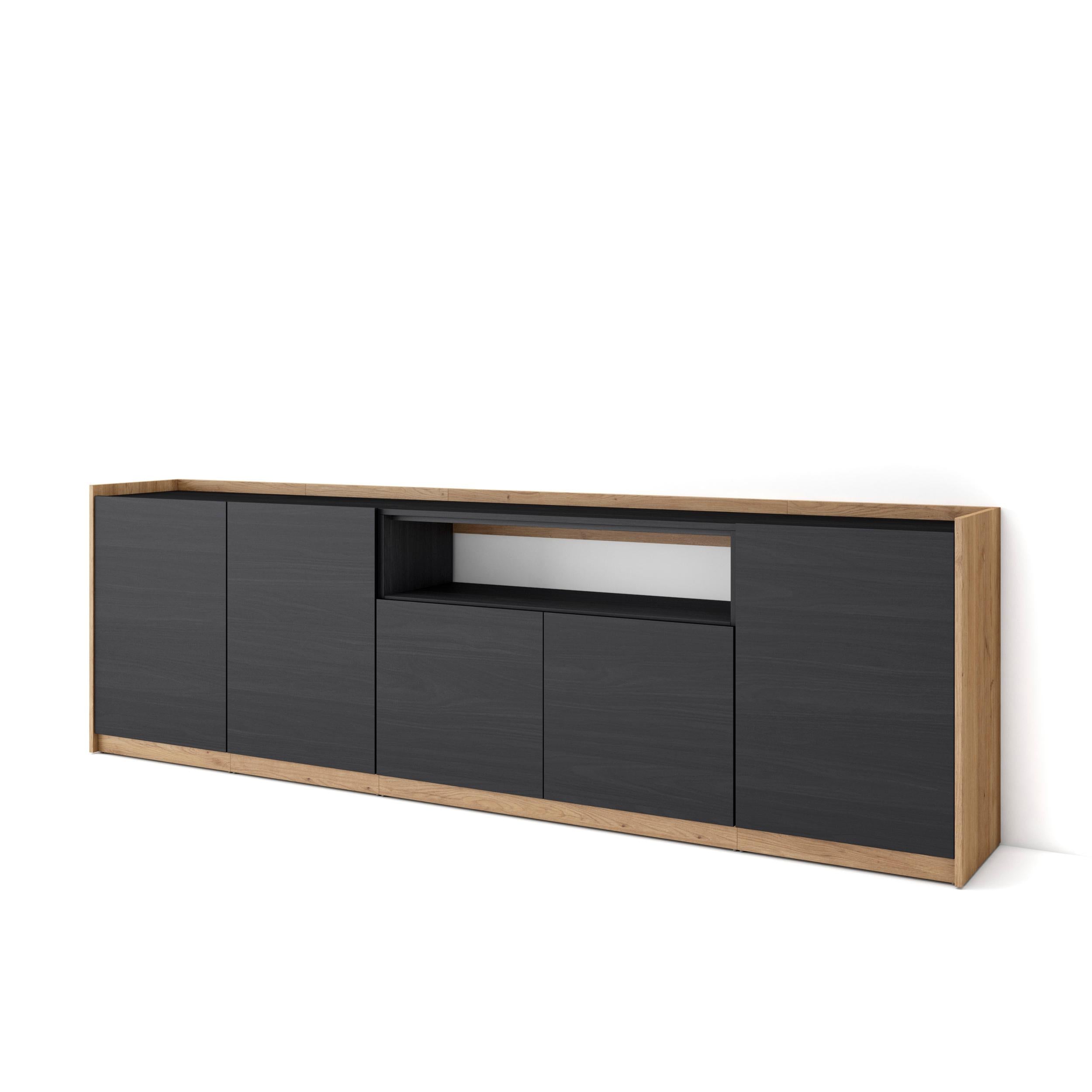Credenza, Mobile, Cucina, 260x80x37 cm, 5 Porte, grande stoccaggio, Nero e rovere RF3880