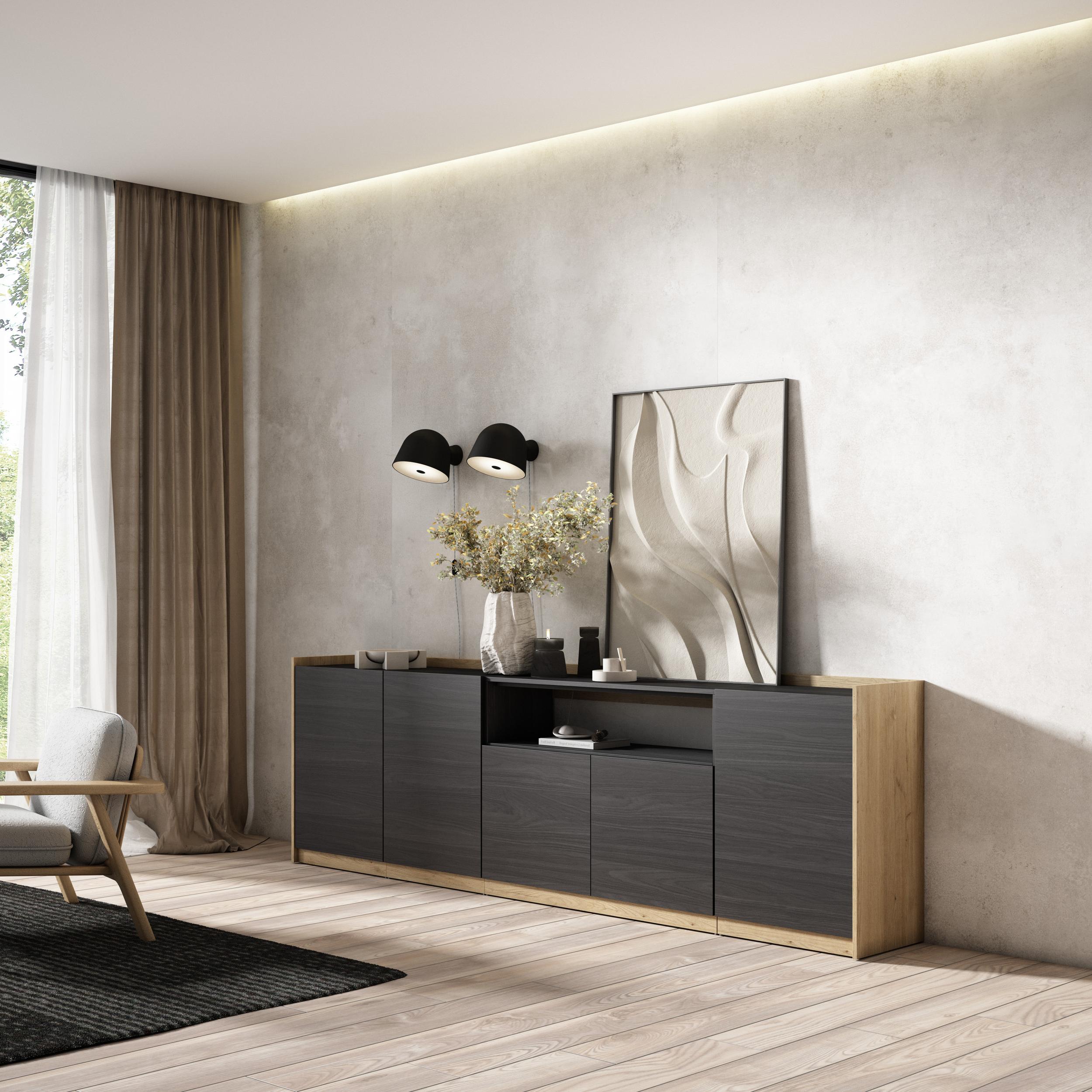 Credenza, Mobile, Cucina, 260x80x37 cm, 5 Porte, grande stoccaggio, Nero e rovere RF3880