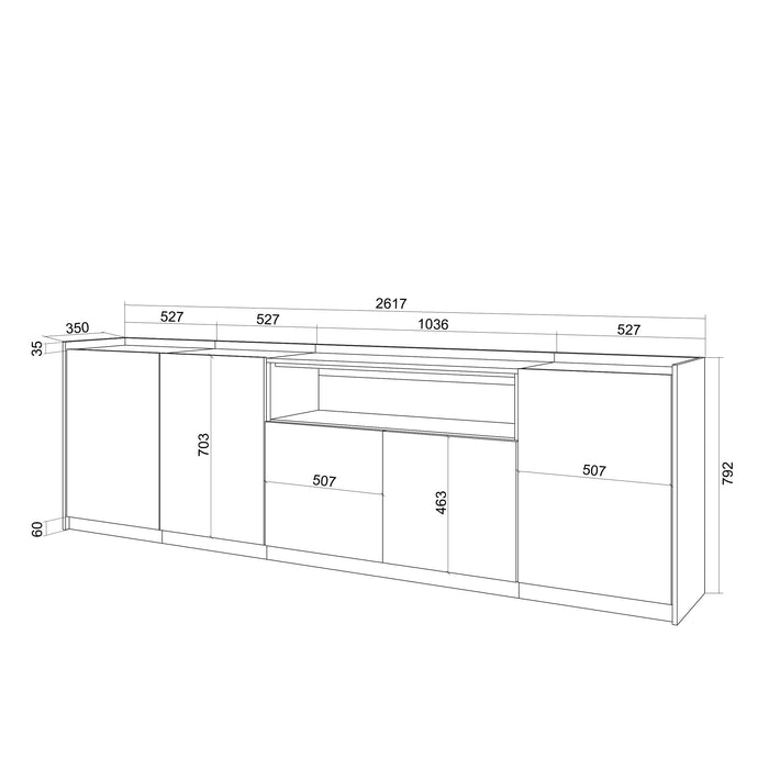 Credenza, Mobile, Cucina, 260x80x37 cm, 5 Porte, grande stoccaggio, Nero e rovere RF3880