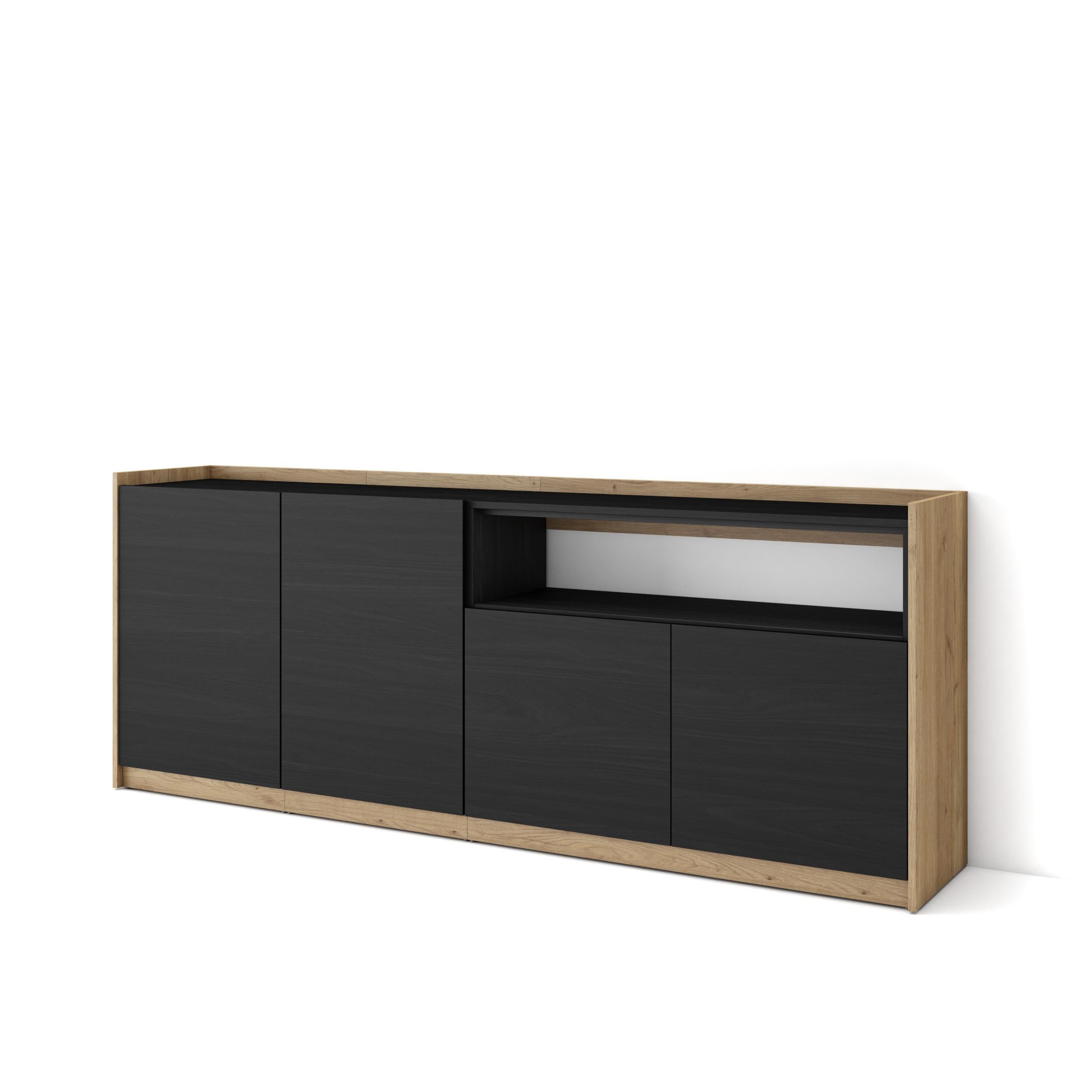 Credenza, Mobile, Cucina, 207x80x37 cm, 4 Porte, grande stoccaggio, Nero e rovere RF3890